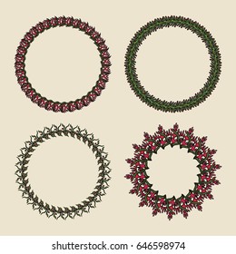 Handdrawn vector wreaths. Round botanical ornament on a green background. Design elements for invitations, greeting cards, logos