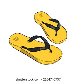 Hand-drawn vector yellow beach flip-flops with black holders on a white background. Isolated.