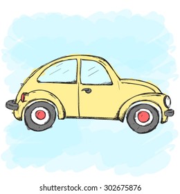 Hand-drawn vector yellow car on a blue background