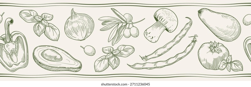 Borda vegetal desenhada à mão em estilo de gravação. A arte detalhada em linha com ervas e legumes cria uma elegante faixa decorativa sem emenda.