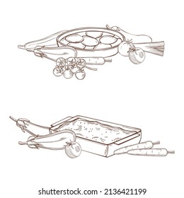 Hand-drawn vegetable casseroles. Vector sketch illustration.