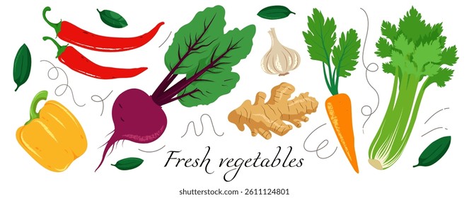 Hand-drawn vegetable collection featuring isolated elements. Vector illustration for design use.