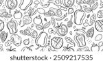Hand-Drawn Vegetable Doodle Art seamless pattern. Black and white illustration vector of hand-drawn vegetables such as tomatoes, onions, bell peppers, carrots, peas, and various leafy greens