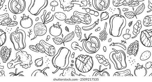 Dibujado a mano vegetal Doodle Art patrón sin fisuras. Ilustración en blanco y negro Vector de verduras dibujadas a mano como tomates, cebollas, pimientos, zanahorias, guisantes y varias verduras de hoja verde