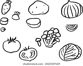 Hand-drawn vegetable set(black lines, no painting)