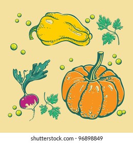 Hand-drawn vegetables, colorful, on beige background