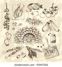 Hand-drawn vegetables and meat on the kitchen barbecue