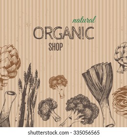 Hand-drawn vegetables on cardboard. Vector illustration includes leeks, broccoli, asparagus, artichoke. Ideal for use in organic food industry, healthy green food market, vegetarian restaurant.