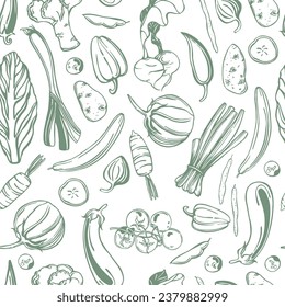 Hand-drawn vegetables on white background.. Vector seamless pattern.  