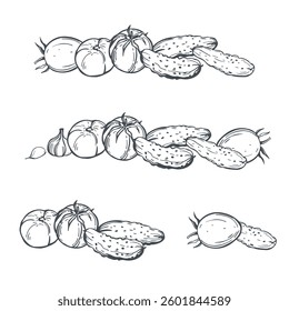 Hand-drawn vegetables on white background. Tomatoes and cucumbers. Vector sketch illustration.