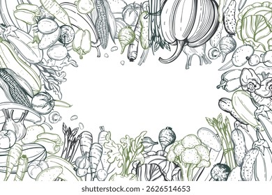 Legumes desenhados à mão sobre fundo branco.   Fundo do vetor. Ilustração do esboço.  