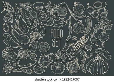 Hand-drawn vegetables. Set for menu decoration. Cartoon. Simple stylized shapes. Black and white. To decorate the menu. Vector.