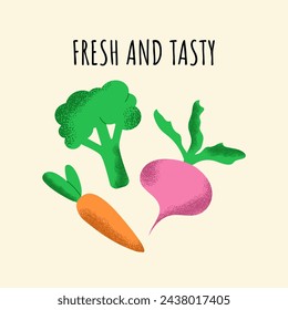 Handdrawn vegetables with texture and text Fresh and tasty. Vector design for tote bag, t-shirt, cover. 