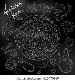 Hand-drawn vegetarian pizza with ingredients on chalkboard.