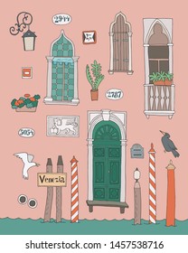 Hand-drawn venetian architectural elements on pink background