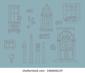 Hand-drawn venetian architectural elements - windows, doors, houses numbers and more