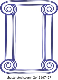 Hand-drawn vertical frame with bold spiral scrolls in deep blue. Classic ornamental border ideal for certificates, greeting cards, vintage, or elegant menu templates. 