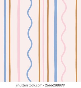 Patrón de línea de Vertical dibujado a mano con líneas rectas y onduladas de colores. Diseño de línea de Vertical colorida juguetona. Textura Abstractas sin costuras