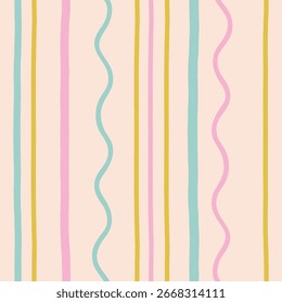 Hand-Drawn Vertical Line Pattern with Colorful Straight and Wavy Lines. Playful Colorful Vertical Line Design. Abstract Seamless Texture