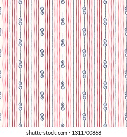 Hand-Drawn Vertical Nautical Zeppelin Bend Knots and Ropes Stripes Vector Seamless Pattern. Blue, Red Marine Background
