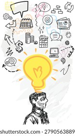 Hand-drawn vertical profile businessman with large lightbulb and overlapping pastel graphics. Concept of complex ideas and layered thinking.