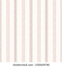 Hand-Drawn Vertical Stripes with Red and Black Embroidery Stitches on White Background Vector Seamless Pattern. Winter Holiday Pattern Perfect for Web, Stationery, Backdrops