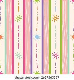 Hand-drawn vertical stripes and sunburst doodles in vibrant summer colors. Cheerful and playful composition with a light background. Perfect for kids apparel, party decor, or summer textiles.