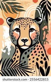 Hand-drawn Vibrant cheetah portrait in abstract style with tropical leaves, geometric patterns, and earthy tones on a beige background. Wildlife concept