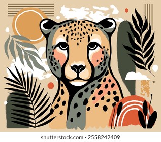 Hand-drawn Vibrant cheetah portrait in abstract style with tropical leaves, geometric patterns, and earthy tones on a beige background. Wildlife concept