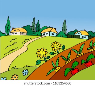Hand-drawn village with a field and a meadow. Summer landscape. Beds with vegetables. Natural farming. Colorful, bright execution. Set 1