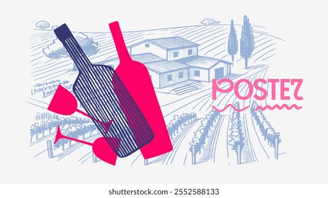 Hand-drawn vineyard scene with contrasting pink and navy wine elements, a perfect backdrop for winery promotions or menu covers.