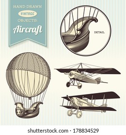 hand-drawn vintage aircraft illustrations - hot air balloon, airplane and biplane