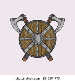 Handdrawn vintage axe and shield of viking vector illustration