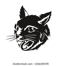 Hand-Drawn Vintage Black Cat Head Object For Ornament Design Poster T-Shirt Graphic Packaging Apparel Sign and More