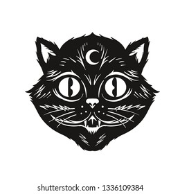 Hand-Drawn Vintage Black Cat Head Witch Object For Ornament Design Poster T-Shirt Graphic Packaging Apparel Sign and More