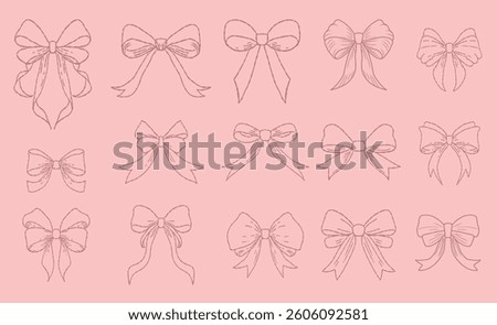 Hand-Drawn Vintage Bow Set on Pink Background 