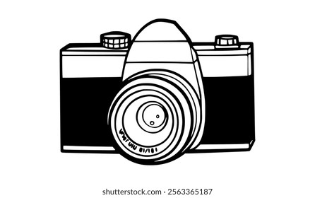 Hand-drawn vintage camera illustration featuring a classic design with detailed features like knobs, lens, and film roll. A charming retro-style sketch perfect for creative, photography, or nostalgic