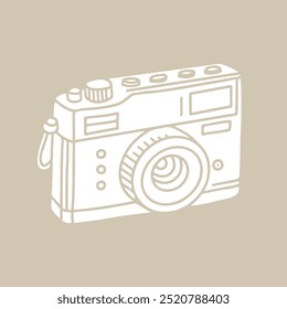 Hand-drawn vintage camera illustration in white on a beige background. Minimalistic, retro-style design ideal for photography themes, graphic art, and creative projects.