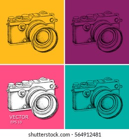 Hand-drawn vintage camera. Pop art style vector illustration.