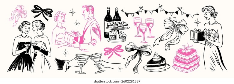  Hand-Drawn Vintage Celebration. Elegant Retro Party with Stylish People, Gifts, Drinks, and Decorations