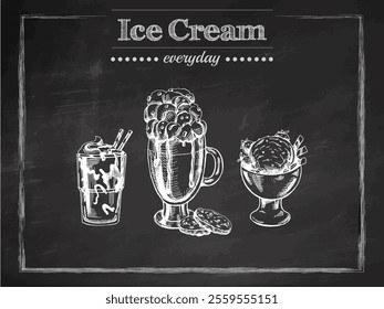 Hand-drawn vintage chalkboard ice cream milkshake and sundae sketch