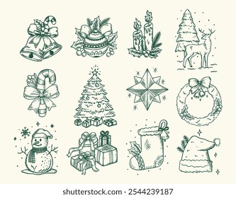 Hand-Drawn Vintage Christmas Icon Set in Sketch Style, Featuring Bells, Wreath, Snowman, Tree, and More