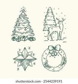 Hand-Drawn Vintage Christmas Icon Set in Sketch Style, Featuring Bells, Wreath, Snowman, Tree, and More