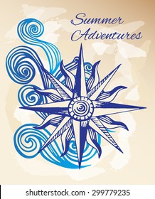Hand-drawn vintage compass (windrose) with pattern of wavy elements, vector illustration