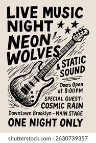 Hand-drawn vintage concert poster design featuring an electric guitar and bold lettering for a live music night. Includes band names, event details, and dynamic line art. Perfect for rock event promot