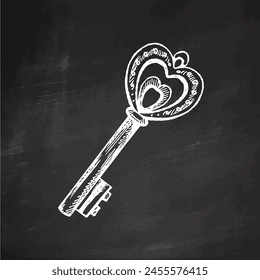 Hand-drawn vintage decorative keys sketches with intricate forging. Ink and pen drawing illustration, keys on chalkboard background.