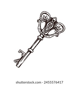 Hand-drawn vintage decorative keys sketches with intricate forging. Ink and pen drawing illustration, keys on white background.