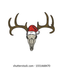 Handdrawn Vintage Deer Skull wearing a Santa Hat Illustration  