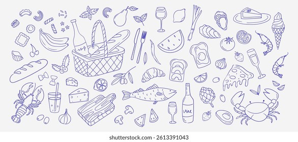 Hand-drawn vintage doodles in Mediterranean blue. Perfect for menus, branding, invitations. Features summer tables with wine, pasta, snacks. Dolce vita style