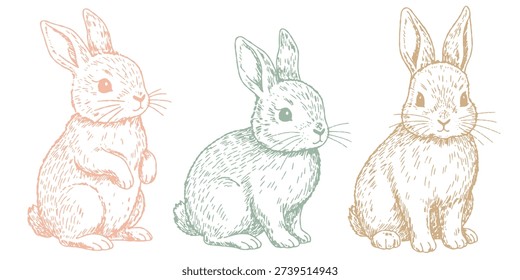 Hand-drawn vintage Easter bunny vector set.
Sketchy spring hares in pastel colors.
Retro woodland rabbit lineart collection.